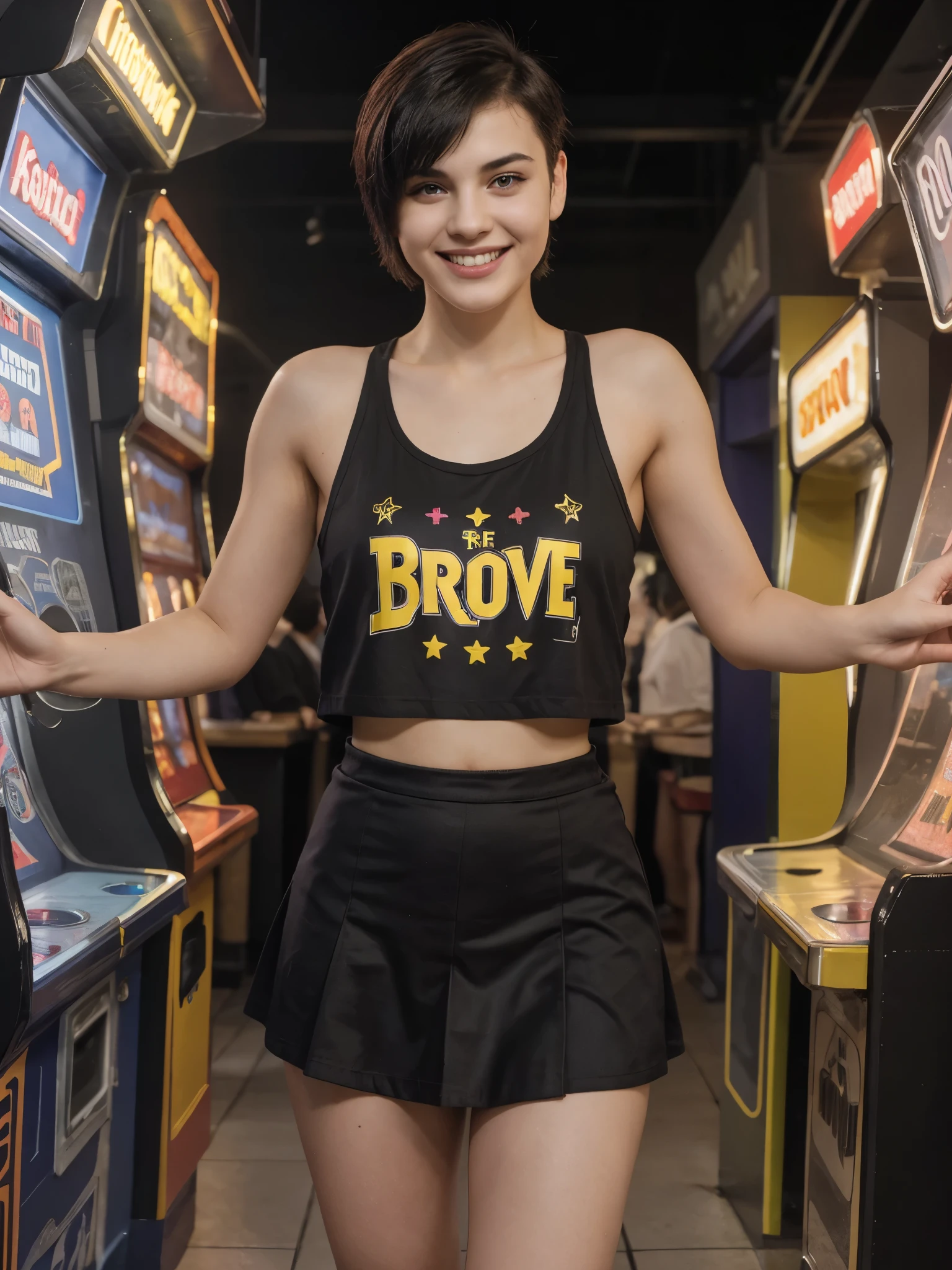 8k, RAW photo, best quality, ultra high resolution, photorealistic, 18 year old slim girl with black purple short undercut haircut, arcade, night, yellow, smiling, perfect hands, five fingers, skirt