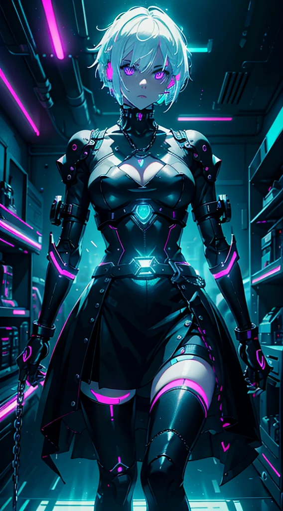 Android Girl,white hair,short and messy hair, purple neon eyes, Holding a chain whip,chains on the hands, cute, skirt, white blouse, cyberpunk style, eletronic gloves, mecanic parts, eletronic details,living room background.HD lighting and dark )(epic image quality) dark atmosphere with bright particle light(many effects in background), fullbody shot, robot, neon tweaks, cyberpunk theme