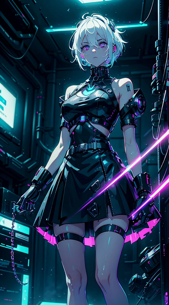 Android Girl,white hair,short and messy hair, purple neon eyes, Holding a chain whip,chains on the hands,  cute, skirt, white blouse, cyberpunk style, eletronic gloves, mecanic parts, eletronic details,living room background.HD lighting and dark )(epic image quality) dark atmosphere with bright particle light(many effects in background), fullbody shot, robot, neon tweaks, cyberpunk theme