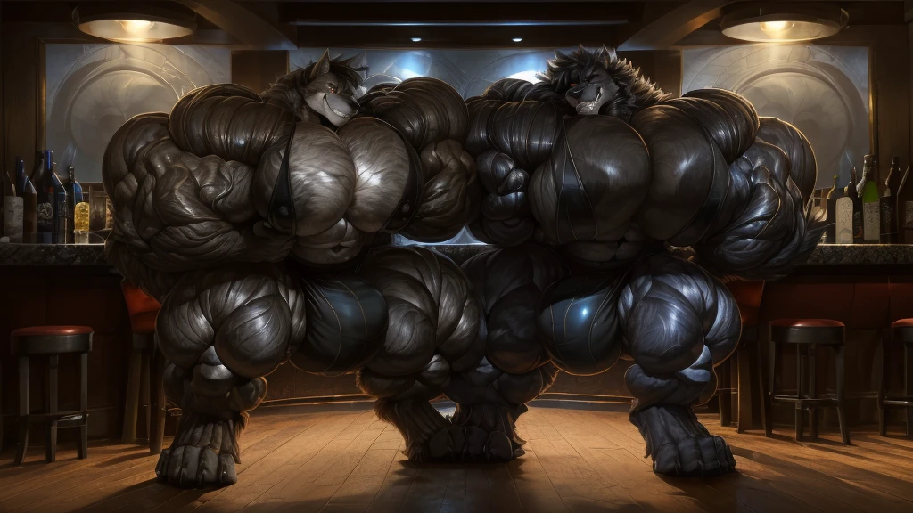 4k, high resolution, best quality, perfect lightning, perfect shadows, solo, anthro, young, boy, wolf, furry body, (fluffy mane:1.2), fluffy tail, male, adult, (bulky, thick muscles:2.0, huge muscles:2.8, hyper muscles:2.0), (thick biceps, veiny biceps, big broad veiny pecs, broad shoulders:1.1), (thick legs, thick calves:1.1), (digitigrade legs, 4 toes:1.2), (huge bulge, hyper bulge), perfect colors, (photorealistic fur, detailed fur, epic, masterpiece), (suggestive posing:1.2), (seductive smile, lustful grin 1.3), detailed modern bar, detailed wolf eyes, by k0suna, by darkgem