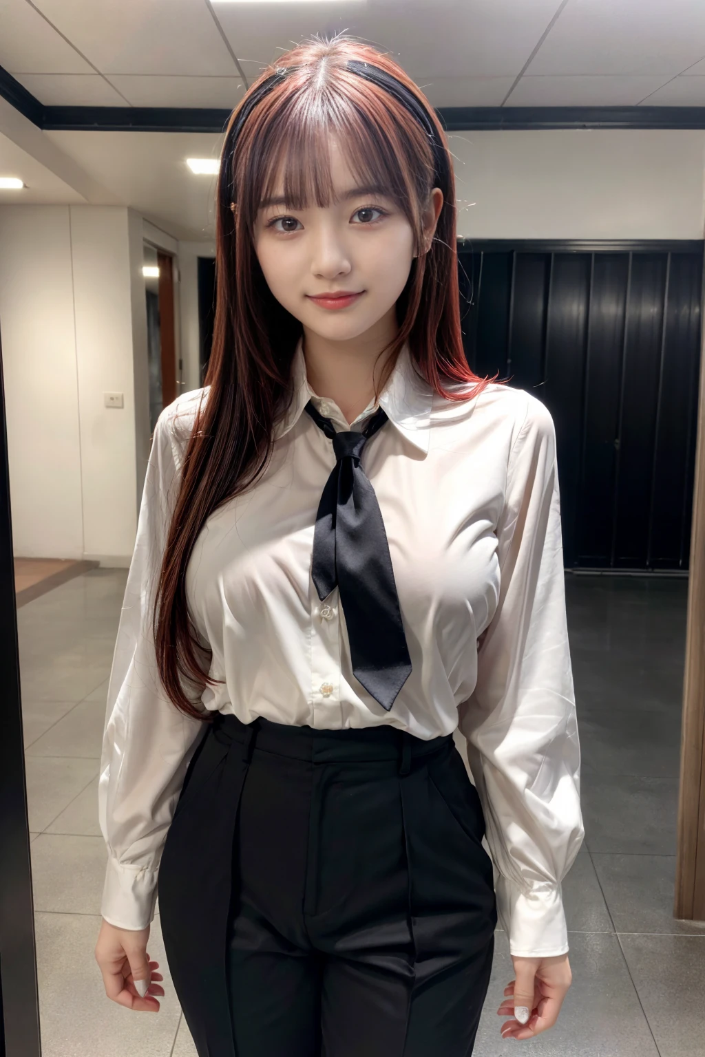 Highest quality、Ultra-high resolution、Professional Lighting、Detailed Background、workroom、full body,Kobeni-chan、A sloppy smile、25-year-old woman、beautiful girl、(Kobeni-chan、Jet black hair, Black Hair, bangs, One-sided hair,)、(Red Hair Clip:1.1)、(White shirt:1.2)+(Black tie:1.2)+(black long pants for work:1.2)、(Huge breasts that look like they might burst:1.2)、(Big thighs:1.1)、Are standing、Model pose