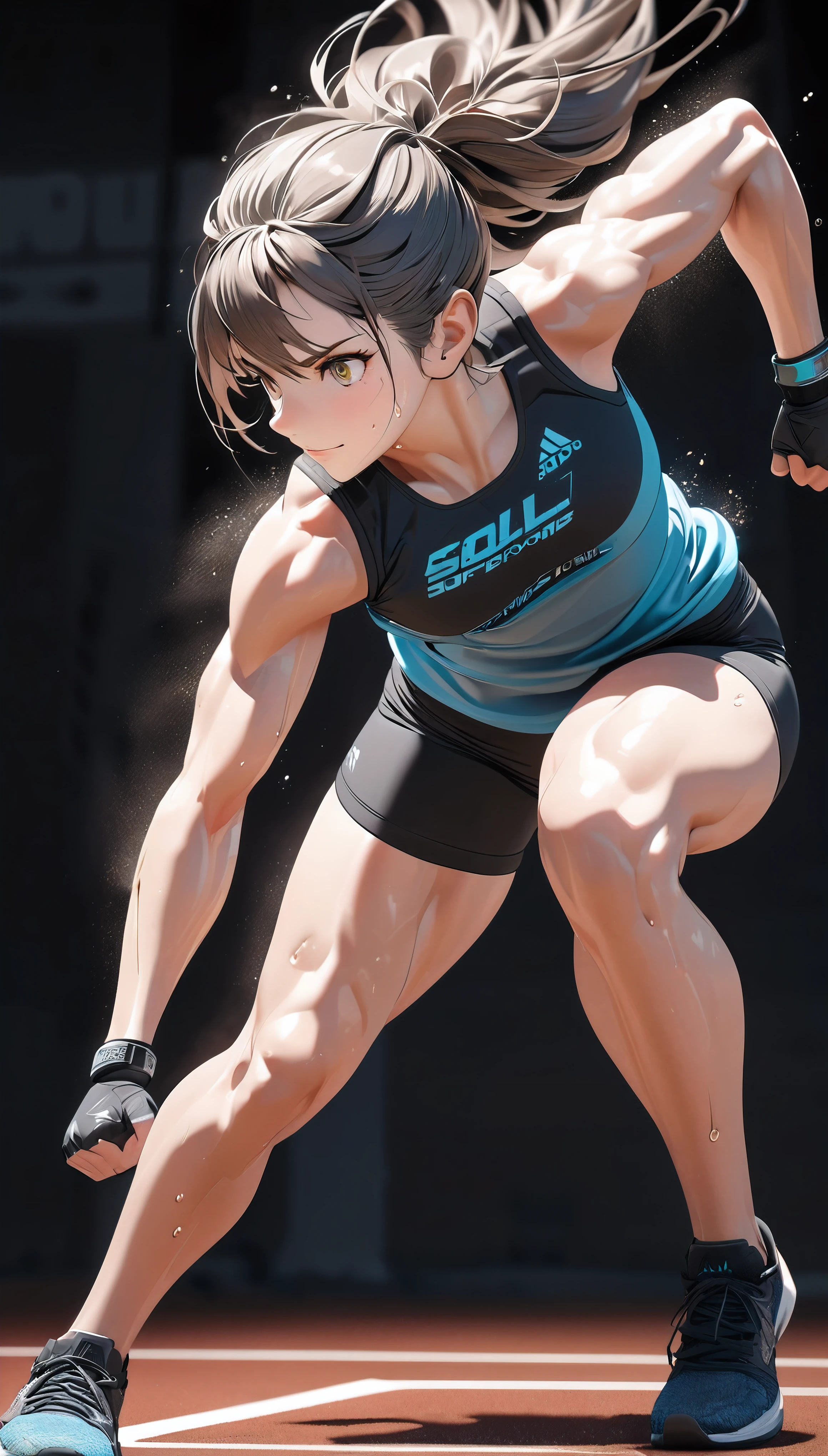 a japanese female streetfighter is beated down in the backstreet. She is on all fours. She is glaring at the opponent with an upward glance. She has the will to fight. A bloodied and bruised female fighter is trying to stand from down. She has a lot of punches from the male fighter. she has big pain. she is damaged terribry. Short-cut black hair, out of breath, drooling from mouth, exhausted, drenched in sweat. Erect nipples, open finger glove, Whittled waistline, muscular, six-pack abs, Ragged tanktop, denimshorts, Puffy nipple