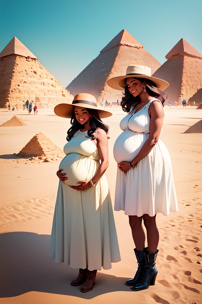 two pregnant women standing in front of the great pyramids, in long dresses, hats, boots,