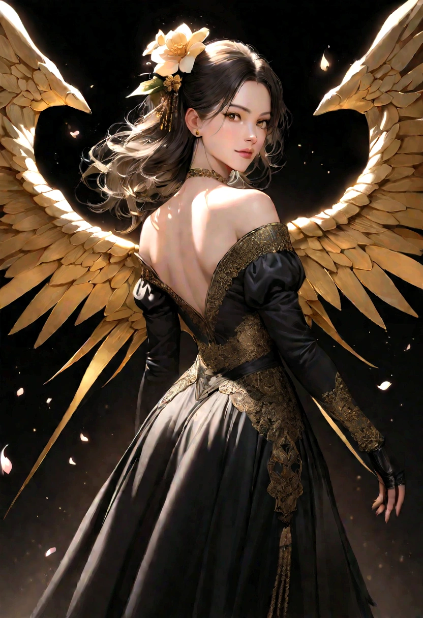 Jordan, ángel wings, Beautiful woman, (photorrealistic), back-illuminated, black backdrop, black don, black mitts, Bblack hair, ssmile, cowboy shot, don, aretes, floating hair, mitts, gold aretes, gold hair elastic, hair flower, hair ornament, ((hair elastic)), jewerly, Light particles, long hair, look viewer, off-the-shoulder don, Off The Shoulder, petals, Side Rock, standing alone, thorn, nice dress, Double Sided Fabric, ((work of art))