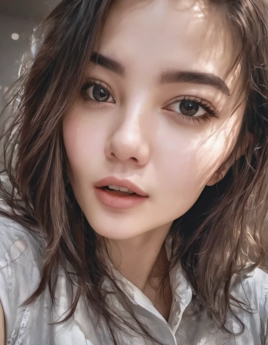 (masterpiece, best quality:1.2), 1girl, solo, a girl take a selfie with a thin shirt , HIGHRES, clean face, with accurate face, solo, upper body, potrait, close up potrait, portait photo profile picture, REALISTIC , PHOTOREAL, messy hair, open mouth, perfect face, best image, HIGH RESOLUTION