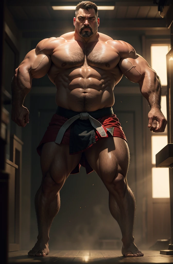 A large, overweight, muscular middle-aged man, karateka