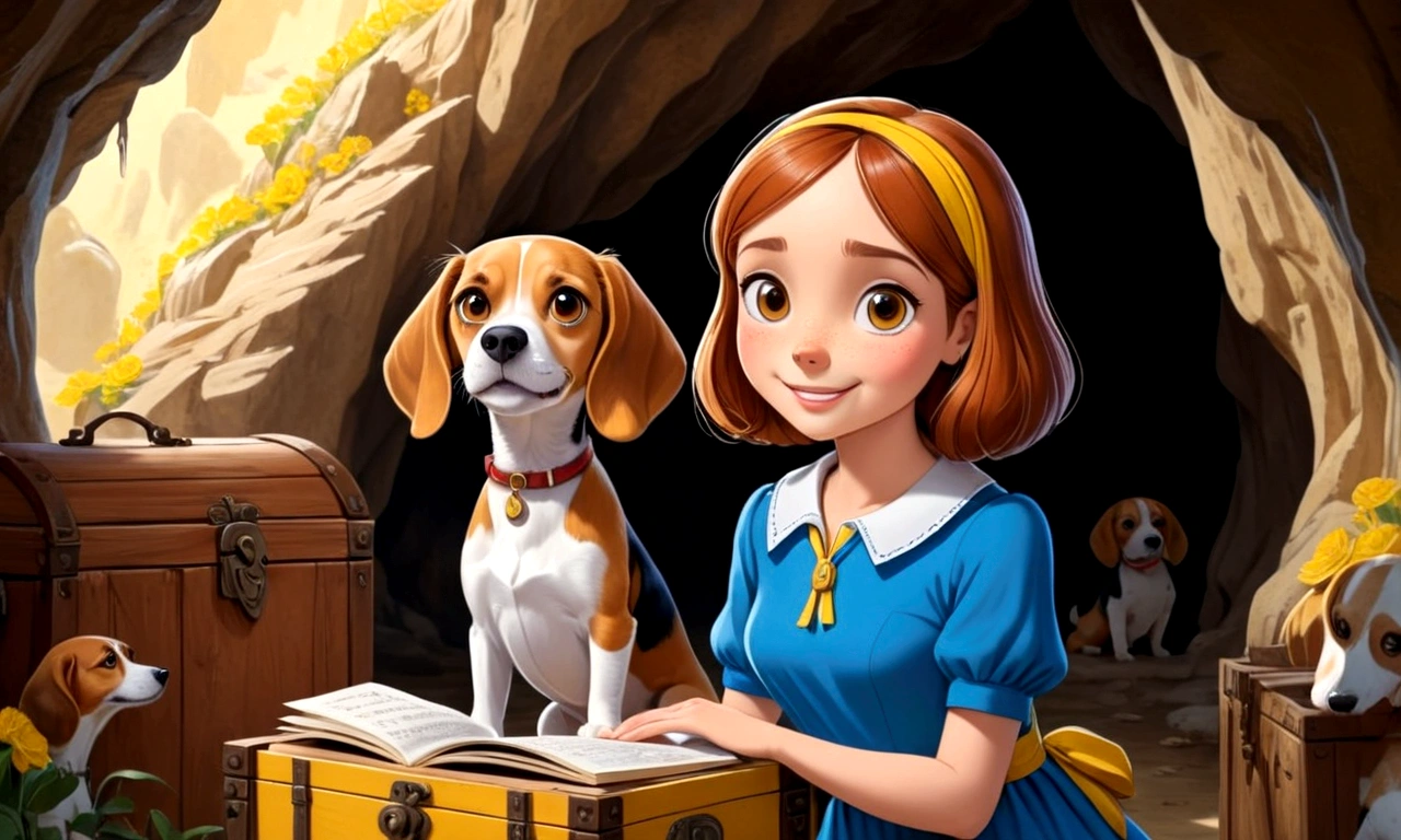 Show her in a blue dress inside a cave opening a wooden chest with eyes of happiness. Inside the chest there is a diary with yellow pages. Beside her is her beagle friend.
