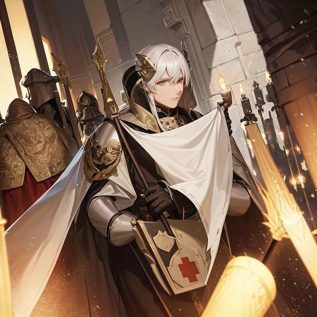 10 Templar Knights with steel armor and a logo on the chest in the shape of a white and red cross located in the forest at night servants of Jesus, 2 carrying flags announcing the arrival of the Lord the remaining 8 carrying torches lighting in the darkness the commander does not have a helmet his hair is brown and his eyes are 1 yellow and the other white