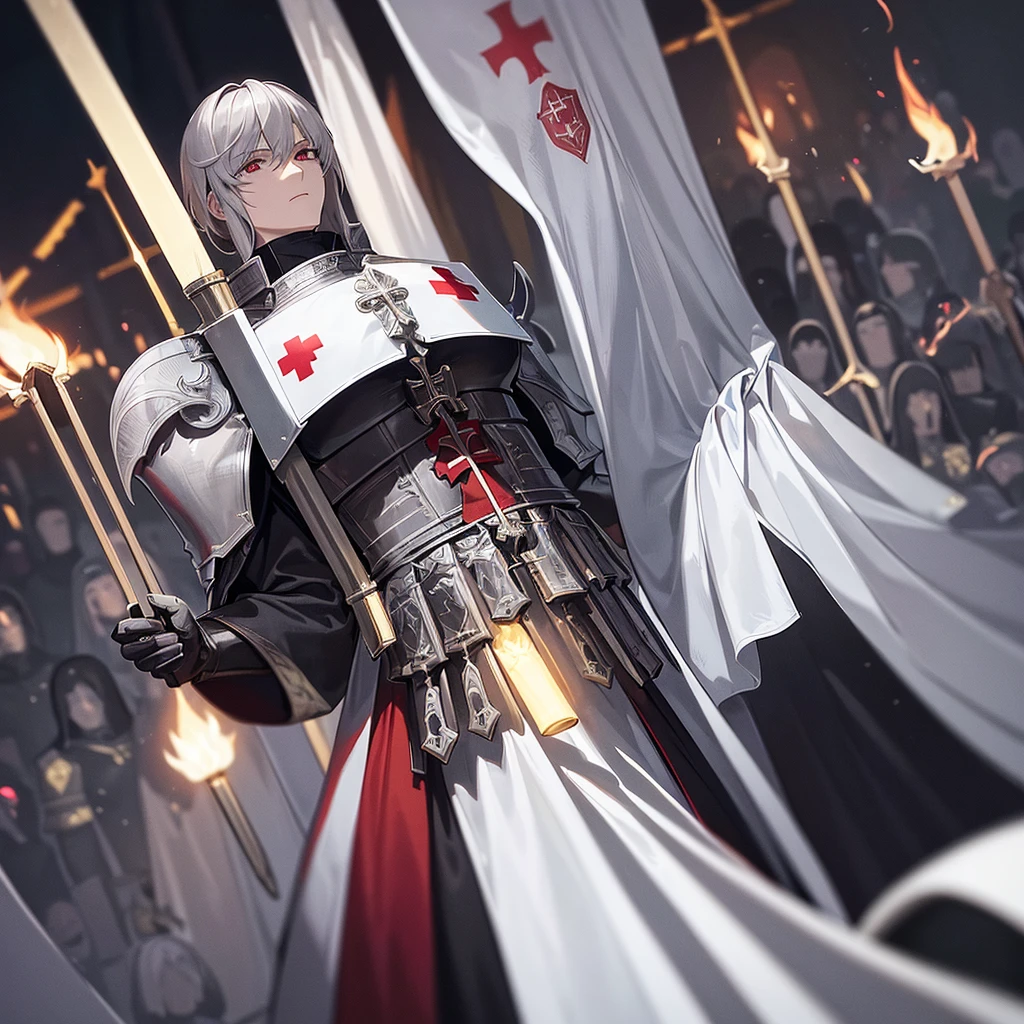 10 Templar Knights with steel armor and a logo on the chest in the shape of a white and red cross located in the forest at night servants of Jesus, 2 carrying flags announcing the arrival of the Lord the remaining 8 carrying torches lighting in the darkness the commander does not have a helmet his hair is brown and his eyes are 1 yellow and the other white