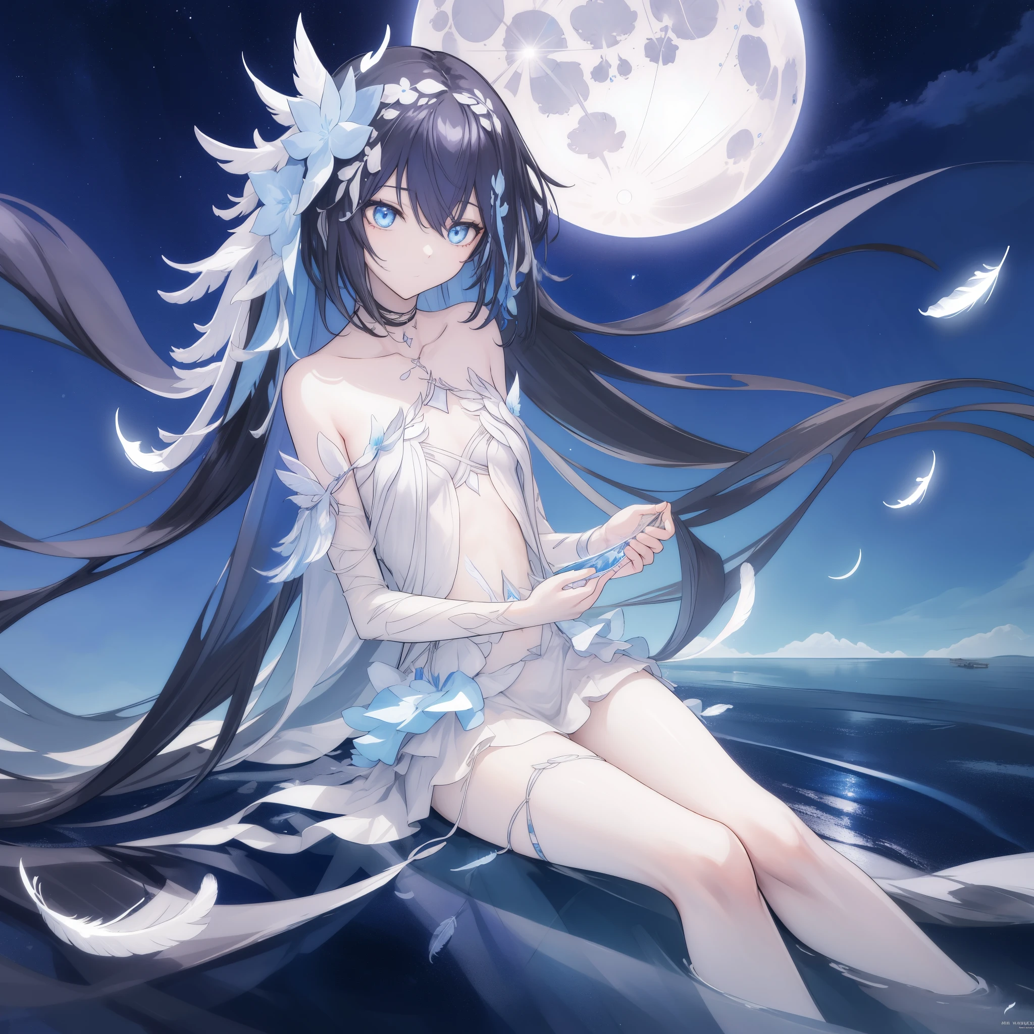 ((A long shot)) of a black-haired anime teen girl, (sitting near a river), ((strong moonlight)), cinematic light, slim body, skin is perfectly healthy, soft, and smooth, Extremely delicate and beautiful CG illustration, best quality, high resolution, dynamic angle, full-length lens, (1 girl), floating, (soft light, high-key lighting), glowing light, blue halo, feathers fluttering background, blue crystal, ((very cinematic)), ((half naked))