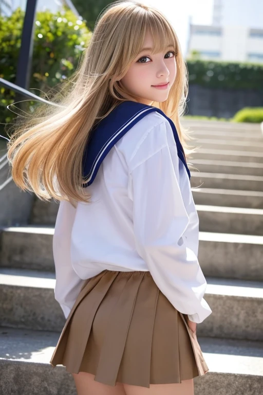 Her windblown blonde hair obscures her pretty face..、Bangs that flow between the eyes、Sexy big 、16 year old cute little smile、Shiny, bright, straight, super long blonde hair、Cute and beautiful long, smooth bangs covering the area between the eyes、Long, straight, silky hair、sexy and cute beautiful young girl、clear, white and Shiny skin、Shiny skin、Beautiful Face、Beautiful brown eyes that shine so brightly、Very big eyes、Small Face Beauty、Perfect beauty、(Whole body 4:1)、(high school girl)、Climbing the stairs at school、Shot from below、Looking back from behind、uniform、Sailor suit、Short skirt、The pants are a little visible、Sexy pose、gravure、 information