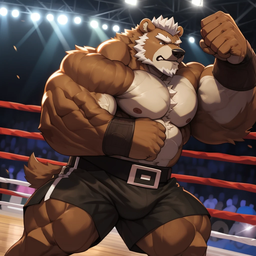 solo, 1boy, Huge Muscular Old Grizzly Bear wearing black boxing belt , pectoral, thick arms, brown fur, huge pectoral, wide pectoral, short white hair, short pants and shirtless, bearded, gym boxing ring background, masterpiece, semirealistic:1.2, high detailed, 8k, high resolution, punching and blocking