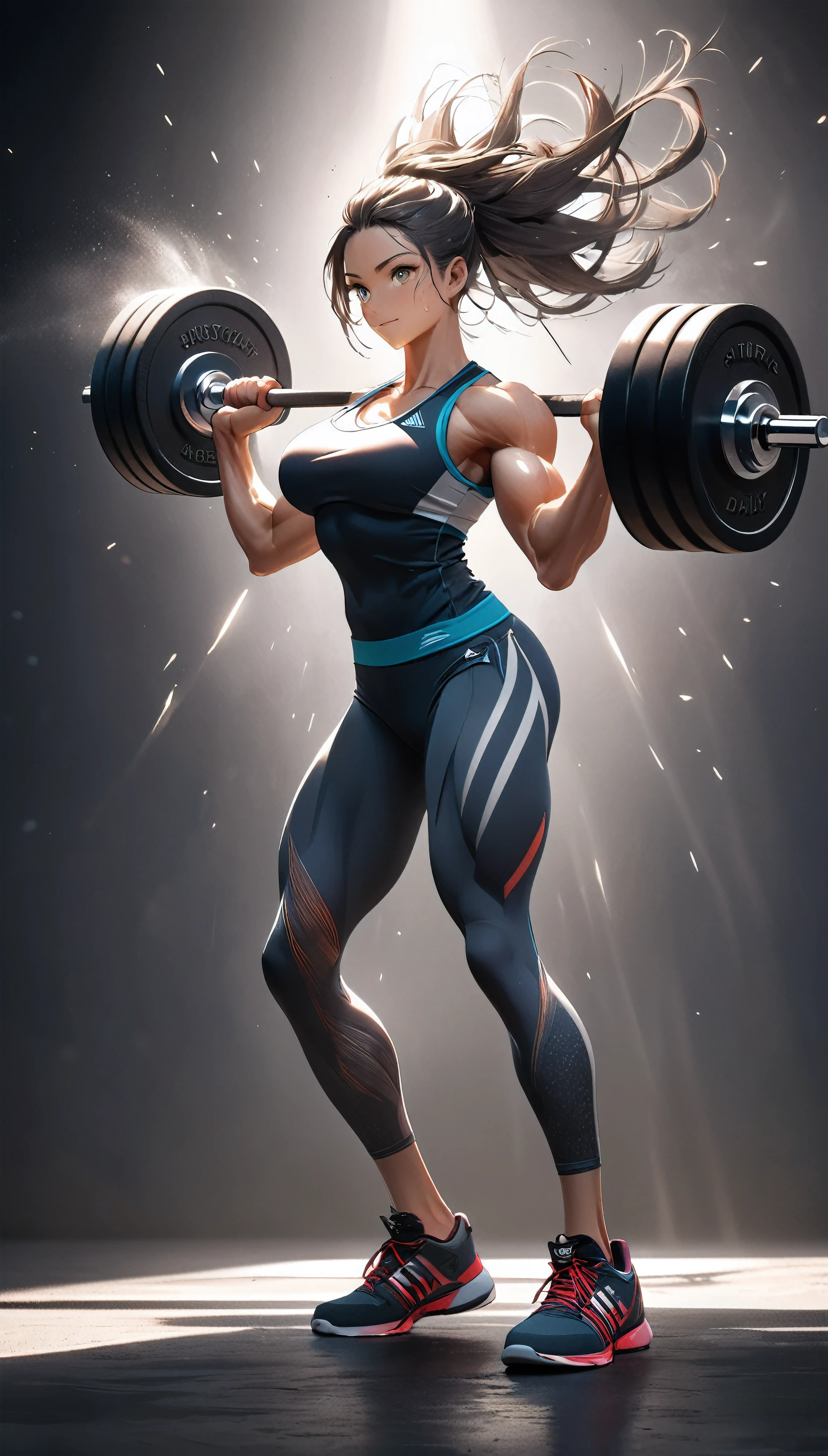 Attractive woman lifting dumbbells, alone, World-class athletes, Attractive female muscles, Stoic personality, Anatomically correct,
BREAK Tank Top, Short leggings, (Tight fit, Accentuates body lines), Top sports brands,
BREAK Aesthetic Sweat, A concentrated and serious look, Daily training, A refreshing smile, Clear, strong and fleeting eyes,
BREAK Professional spray work, Detailed and intricate texture, Detailed and intricate brushwork, Detailed and clear depiction, Anatomically correct, Absurd aesthetics,
Dynamic composition with a sense of dynamism, wide full body shot,
BREAK Motion blur to express the sense of speed, A dark background that makes the subject stand out, dramatic cinematographic lighting,
BREAK Highest quality, Highest Resolution, Octane Rendering, super retina vision,