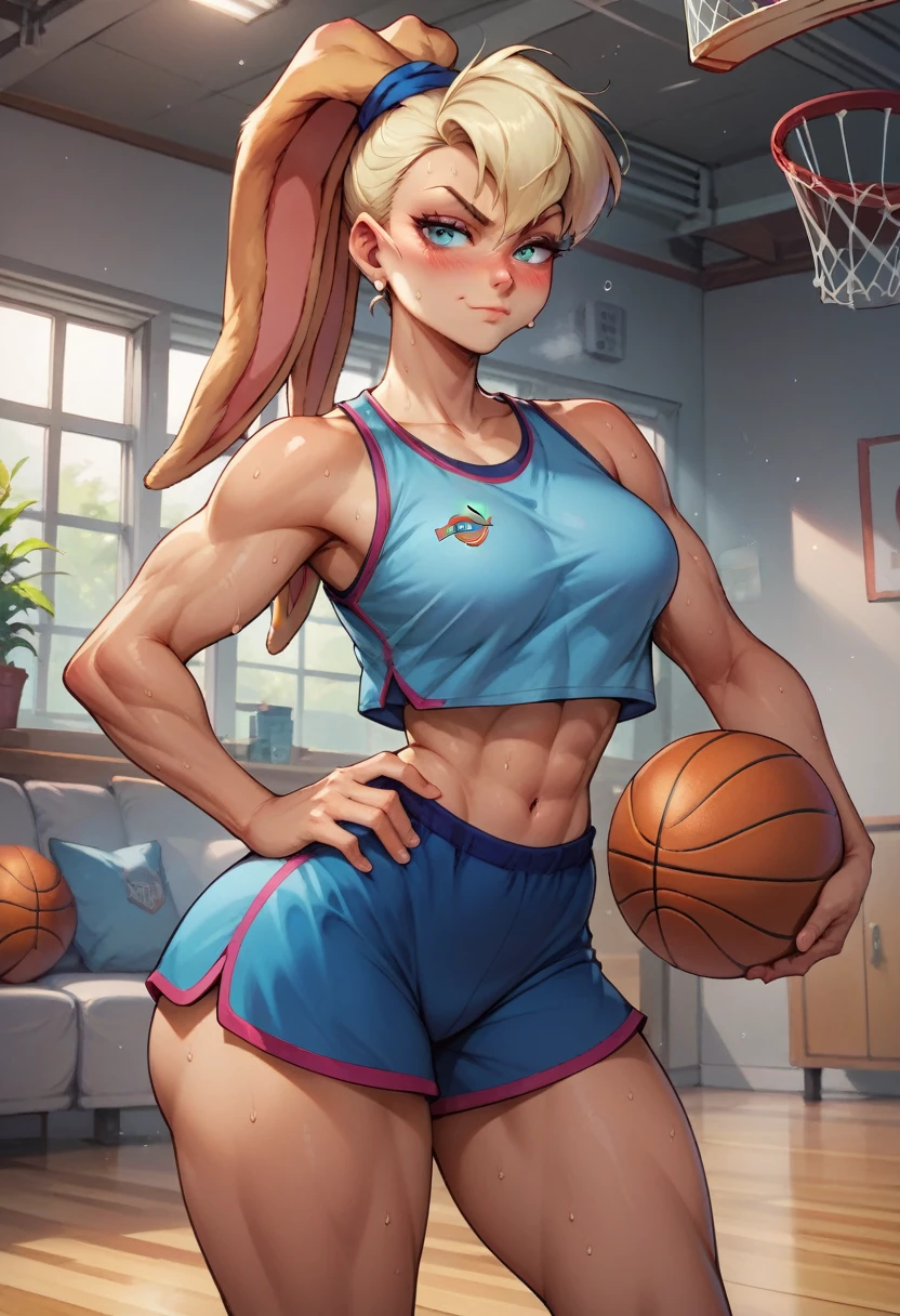 in a living room, one hand on hip, seductive smirk, medium breasts, wide hips, big ass, Lola Bunny,standing, blushing,sweating, muscular arms, holding basketball