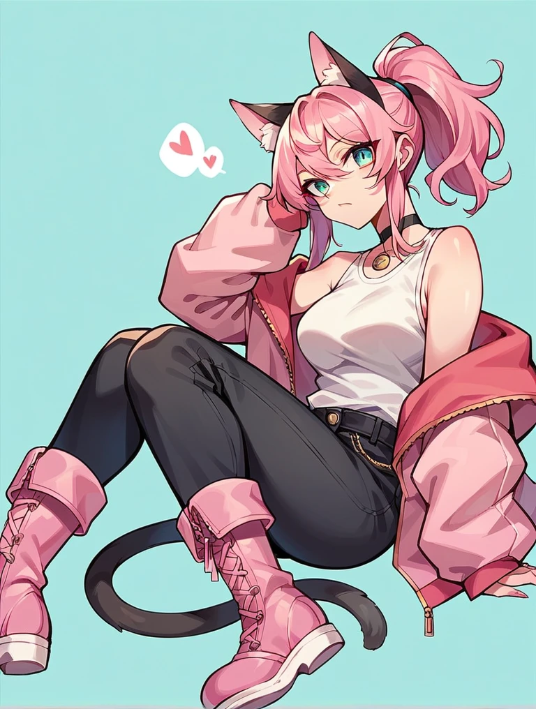A 23-year-old girl, her head is a circle, she has black cat ears, and a black cat tail. She wears a pink jacket and long black pants. She has short pink hair with a ponytail and pink boots.