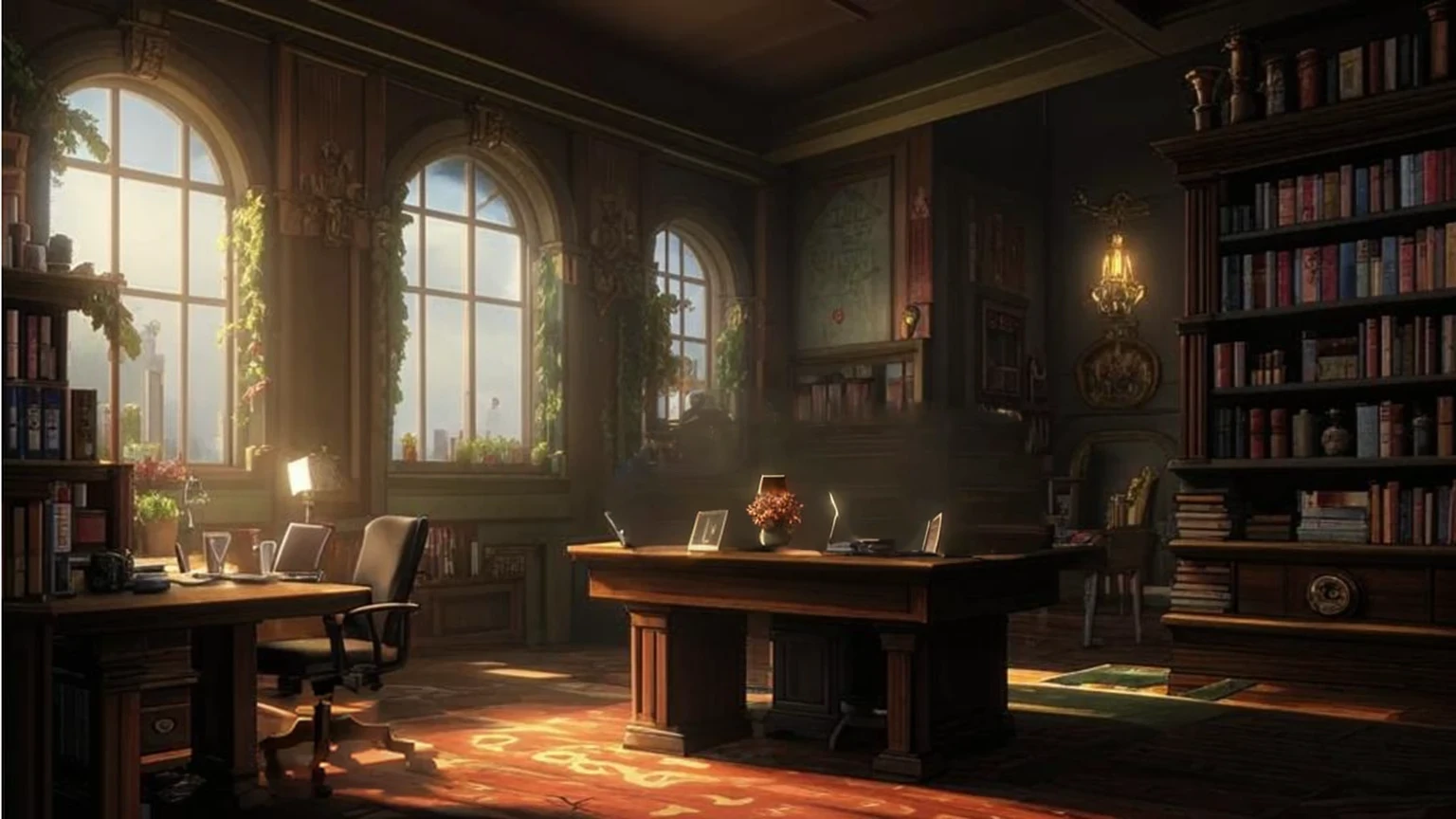 there is a computer desk with a monitor and a lamp in a room, interior background art, dramatic lighting. concept art, relaxing concept art, elegant study, library background, professional concept art, background art, office background, background artwork, concept art scene, anime background art, beautiful 3 d concept art, highly realistic concept art, artstation hq”