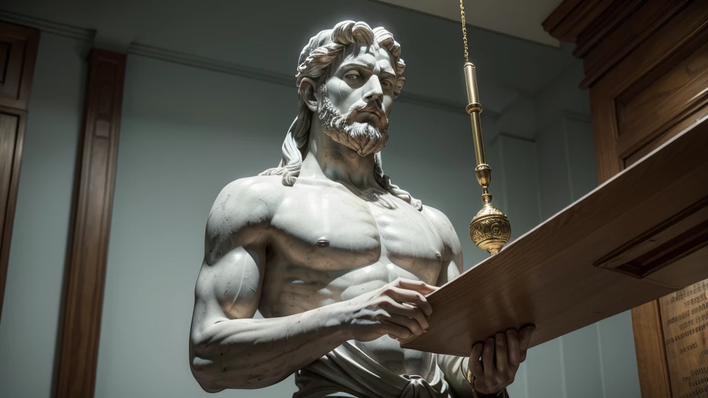 The atmosphere is thick with tension and drama. The fate of humanity hangs in the balance in this epic battle, and the stoic statue observes everything with an imperturbable calm, as a symbol of the inner strength and wisdom that can overcome even the most arduous challenges.
It could be from a famous stoic philosopher, as Zeno of Scythia, Seneca or Marcus Aurelius.
The statue may be adorned with stoic symbols, like the lamp, the compass or the caduceus.
