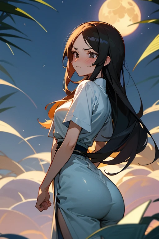 anime style, super fine illustration, super detailed, dynamic angle,masterpiece,best quality,beautiful background,8K, On a summer night during Tanabata,rain,Bamboo leaf,Beautiful Moon,Break perfect face,perfect hands,perfect fingers,(brasched face:1.3),Orihime,Blushing,Tsundere,looking at the camera,Cross your arms,angry face,ass pov