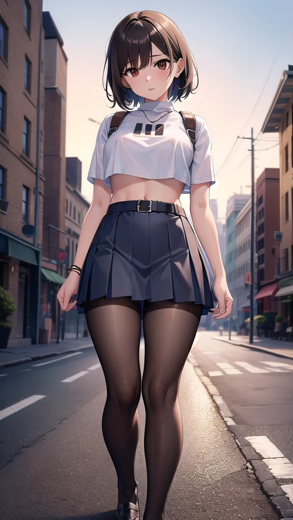 nobarakugisaki, nobara kugisaki, bob cut, (brown eyes:1.7), brown hair, lips, short hair, BREAK belt, brown belt, brown pantyhose,white crop top, crop top overhang,wet crop top,pantyhose, pleated skirt, shirt tucked in, skirt, blue skirt, blue crop top, BREAK looking at viewer,festival, BREAK (masterpiece:1.2), best quality, high resolution, unity 8k wallpaper, (illustration:0.8), (beautiful detailed eyes:1.6), extremely detailed face, perfect lighting, extremely detailed CG, (perfect hands, perfect anatomy),street,night,wet road, from below,bend over,on knees.