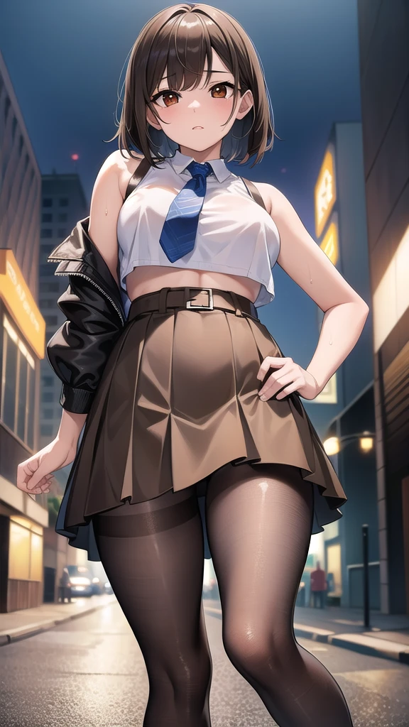 nobarakugisaki, nobara kugisaki, bob cut, (brown eyes:1.7), brown hair, lips, short hair, BREAK belt, brown belt, brown pantyhose,white crop top, crop top overhang,wet crop top,pantyhose, pleated skirt, shirt tucked in, skirt, blue skirt, blue crop top, BREAK looking at viewer,festival, BREAK (masterpiece:1.2), best quality, high resolution, unity 8k wallpaper, (illustration:0.8), (beautiful detailed eyes:1.6), extremely detailed face, perfect lighting, extremely detailed CG, (perfect hands, perfect anatomy),street,night,wet road, from below,bend over,on knees.