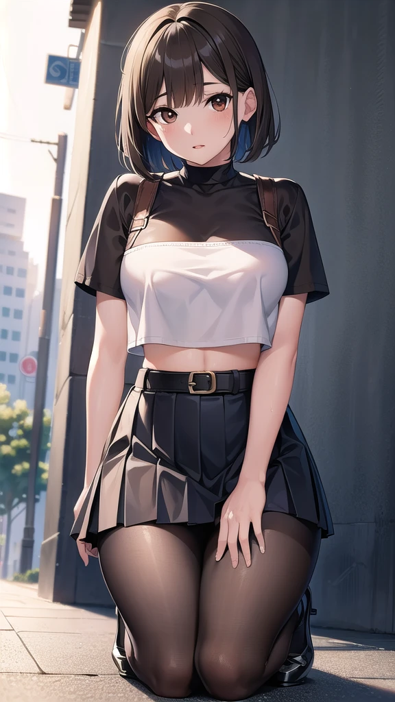 nobarakugisaki, nobara kugisaki, bob cut, (brown eyes:1.7), brown hair, lips, short hair, BREAK belt, brown belt, brown pantyhose,white crop top, crop top overhang,wet crop top,pantyhose, pleated skirt, shirt tucked in, skirt, blue skirt, blue crop top, BREAK looking at viewer,festival, BREAK (masterpiece:1.2), best quality, high resolution, unity 8k wallpaper, (illustration:0.8), (beautiful detailed eyes:1.6), extremely detailed face, perfect lighting, extremely detailed CG, (perfect hands, perfect anatomy),street,night,wet road, from below,bend over,on knees.