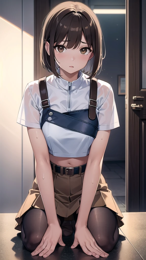 nobarakugisaki, nobara kugisaki, bob cut, (brown eyes:1.7), brown hair, lips, short hair, BREAK belt, brown belt,stockings,white crop top, crop top overhang,wet crop top, pleated skirt, medium skirt,shirt tucked in, skirt, blue skirt,skinny fit, BREAK looking at viewer,BREAK (masterpiece:1.2), best quality, high resolution, unity 8k wallpaper, (illustration:0.8), (beautiful detailed eyes:1.6), extremely detailed face, perfect lighting, extremely detailed CG, (perfect hands, perfect anatomy),bedroom,bed,dark light,candles,nipples,showing panties,small ass,thin legs,full body,bend over, on knees,from above, medium breasts,