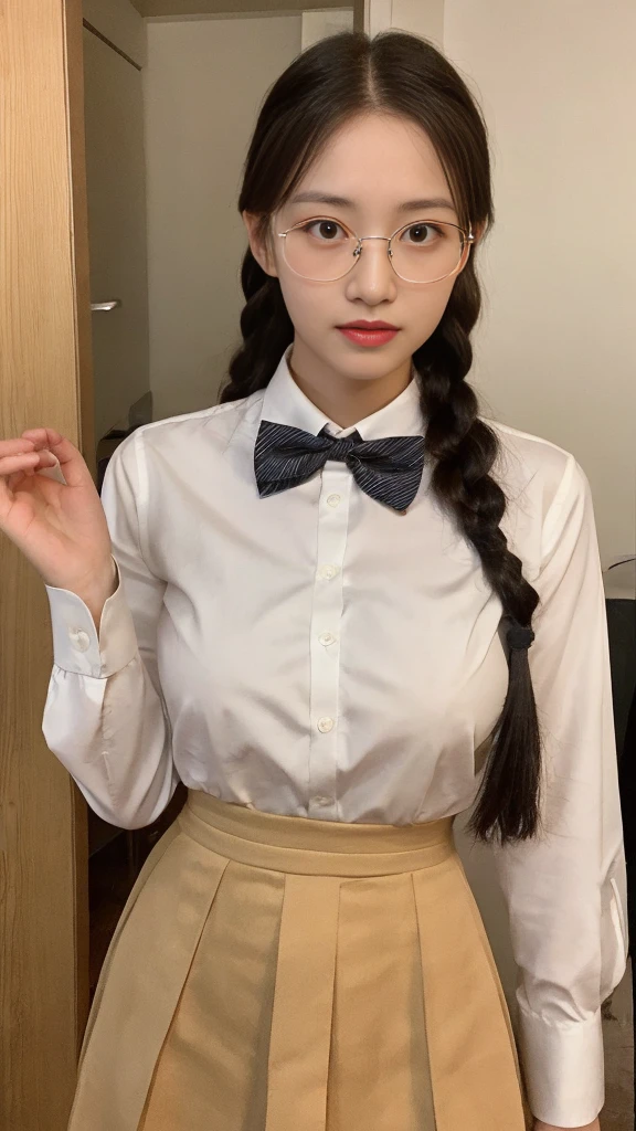 (Actually, the resolution is high.:1.3),A girl with a perfect body, slender face and eyes, long golden hair, white V-neck shirt.:1.2 short skirts in the house, big breasts, showing breasts, wearing glasses, bow tie, braids, showing nipples.