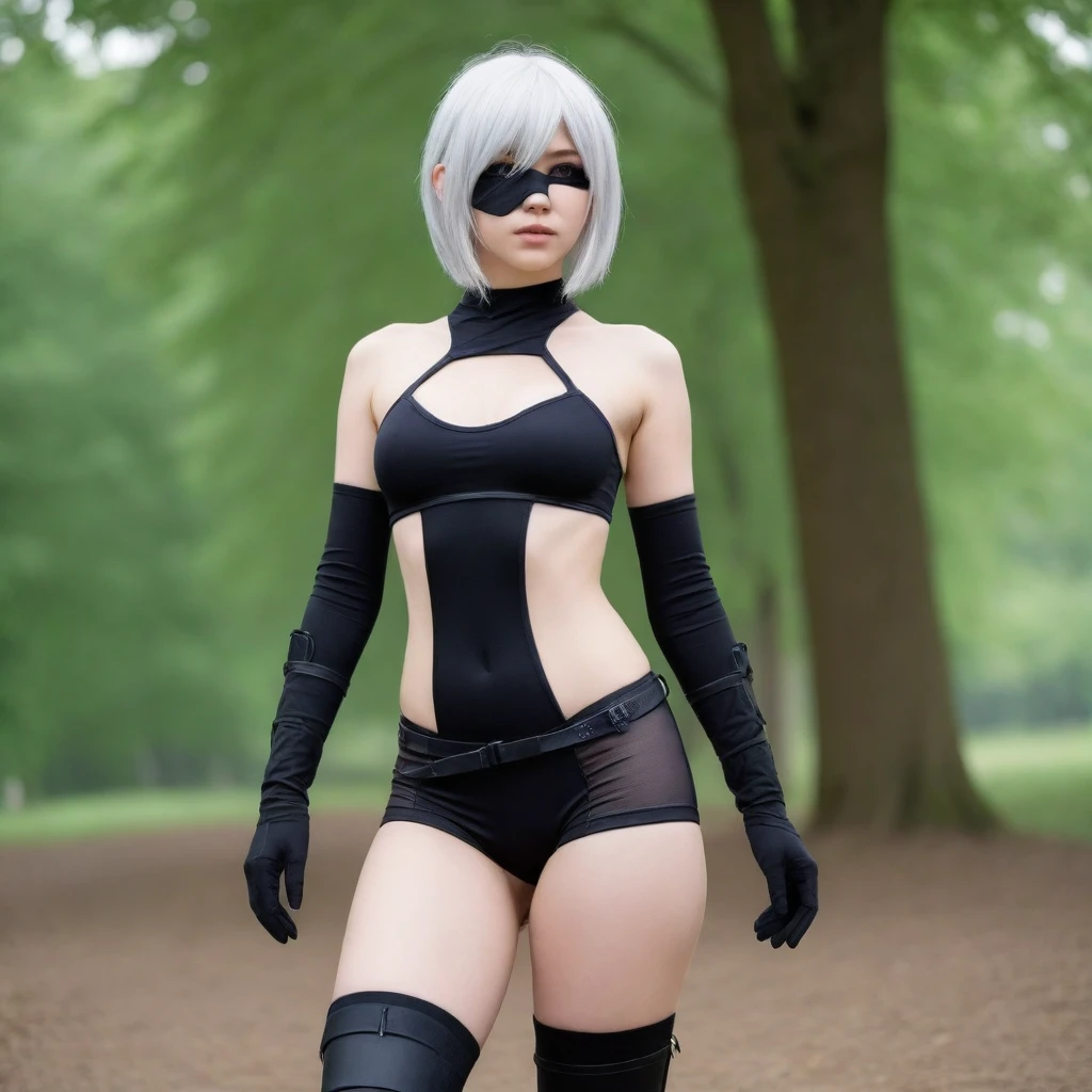 beautiful SEMI-NUDE TEENAGER, athletic body, wearing automata nier 2b Cosplay, outdoor, ((realistic))
