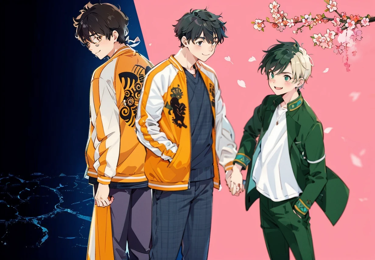 anime characters standing next to each other holding hands, smiling on a pink background, offcial art, visual principal do anime”, bishounen, official anime still, official fanart, inspired by Okumura Masanobu, anime key visual concept, koyoharu gotouge, offcial art do anime, official anime from the studio yet, official modern anime, main visuals of the anime, anime cel shaded