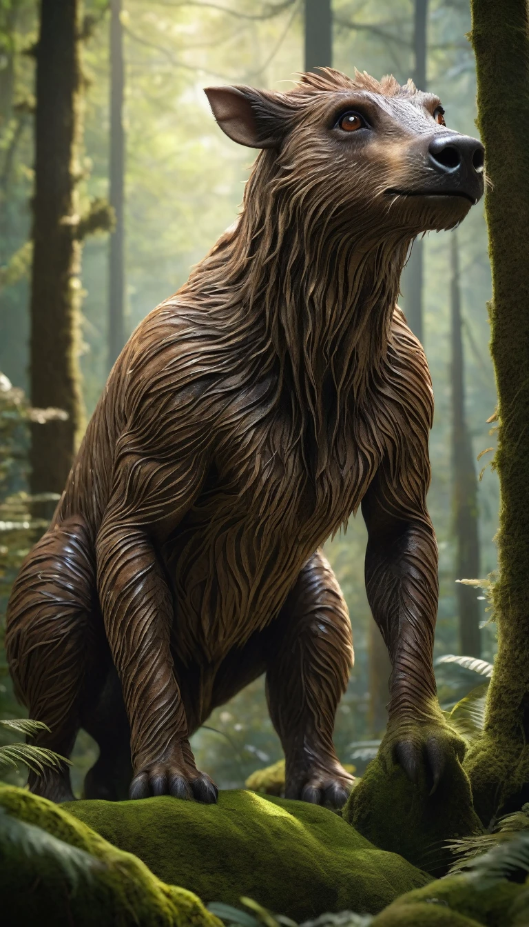 There is a creature in the forest,Human-like appearance,Brown hair all over the body,Ultra-detailed(best quality,4K,8K,High level,masterpiece:1.2),Ultra Detailed,(lifelike,Photo real,Photo real:1.37),Highly detailed animals,Complex patterns,Realistic lighting,Fantasy Creatures