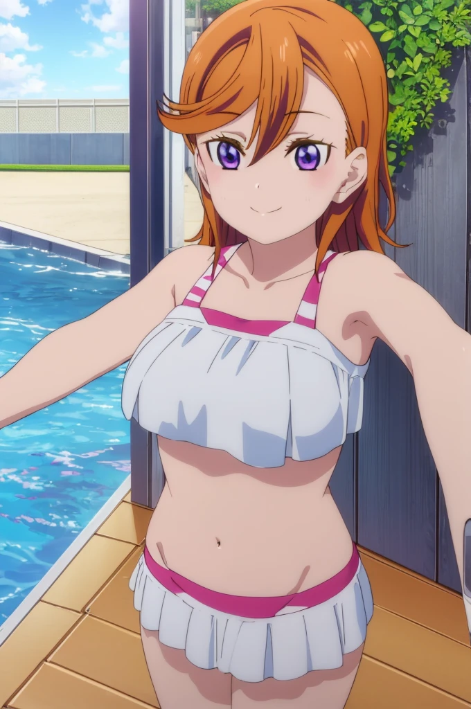 (((pixel-perfect, detail-perfect))), solo, 1girl, kanon shibuya, eyes violet, hair orange, smile, pool, bikini, armpit, medium filesize, ultra High Qality