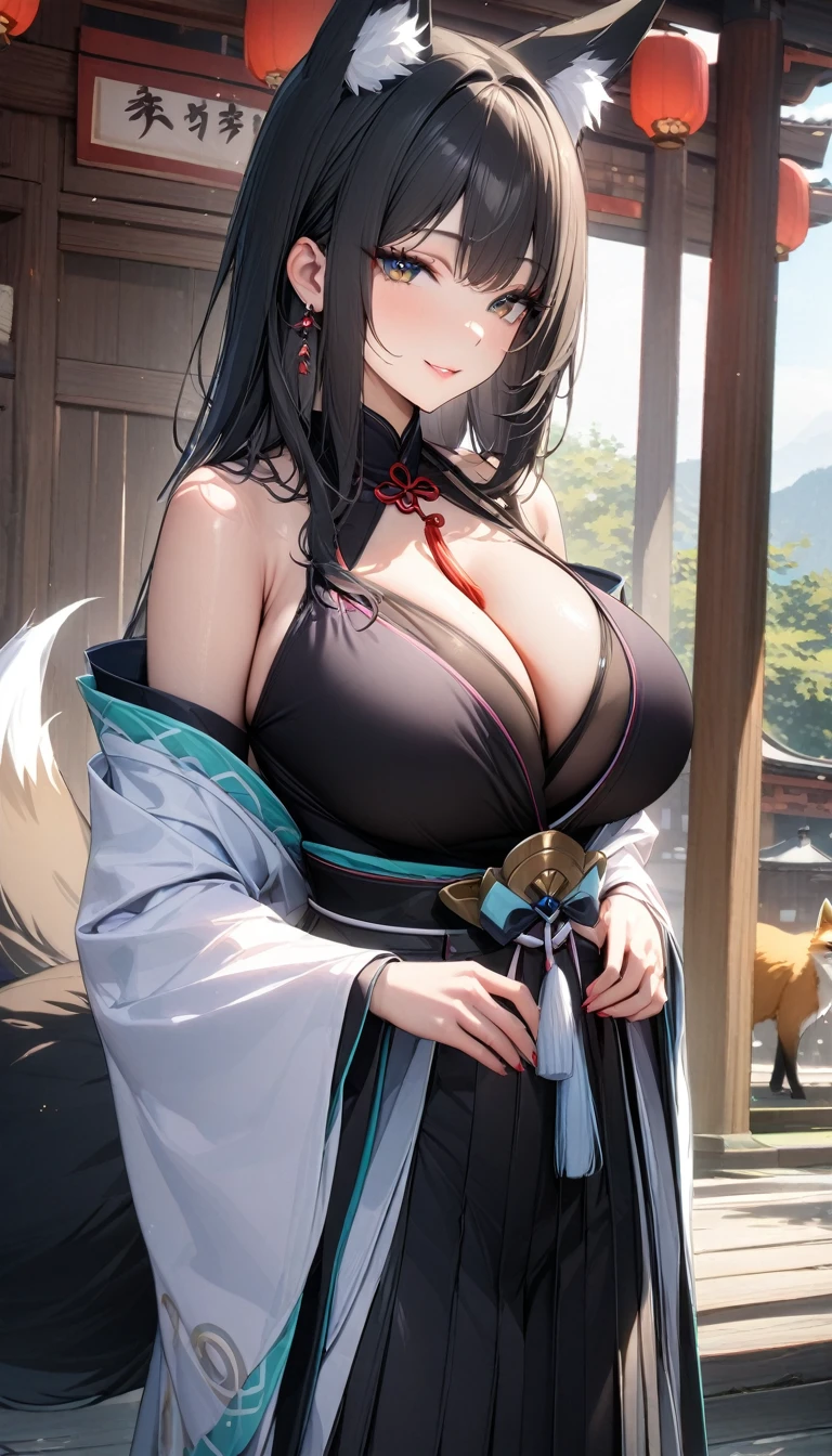 ((最high quality, 8K, masterpiece)), High resolution、（high quality: 1.5）、Very detailed、Detailed face、Bright colors、Natural light、Fine grain、Colorful eyes、Beautiful Face、非常にDetailed faceのテクスチャの女性,masterpiece, 最high quality, Detailed and beautiful eyes,最high quality、Best image quality、masterpiece,Shrine maiden,Big Breasts,Shrine maiden服,hakama,shrine,Fox ears,Fox Tail,Solemn,Main God,pray,Black Hair,Fox,mature female,smile,Just beautiful,masterpiece,最high quality、so beautiful,High resolution,1girl, 独奏,make up,smile,make,(masterpiece:1.2)、(最high quality:1.2)、Latest Glossy Skin