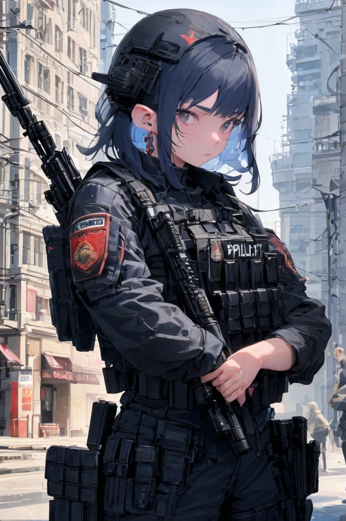 Create a high-quality image featuring an elf girl with dark navy-blue hair and straight-cut bangs. She is a member of a special forces police unit. She has a large red earring on her right ear and is holding an assault rifle. The background should feature a city inside a dome, with a black armored vehicle beside her. 