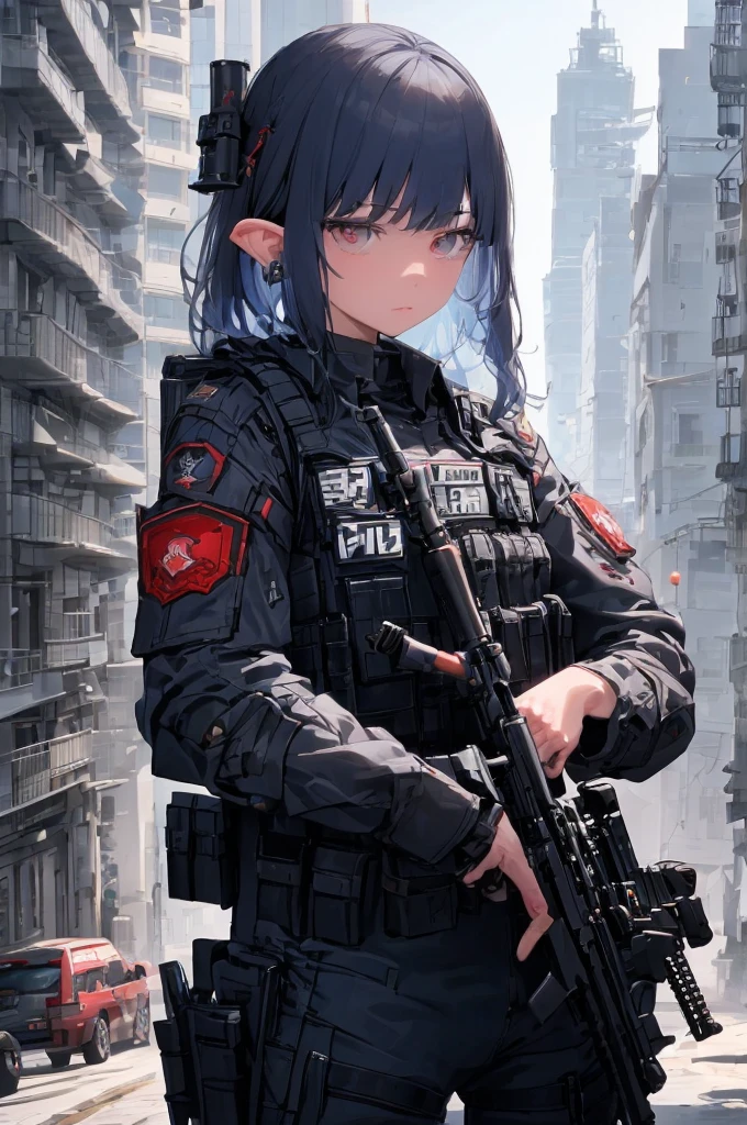 Create a high-quality image featuring an elf girl with dark navy-blue hair and straight-cut bangs. She is a member of a special forces police unit. She has a large red earring on her right ear and is holding an assault rifle. The background should feature a city inside a dome, with a black armored vehicle beside her. 
