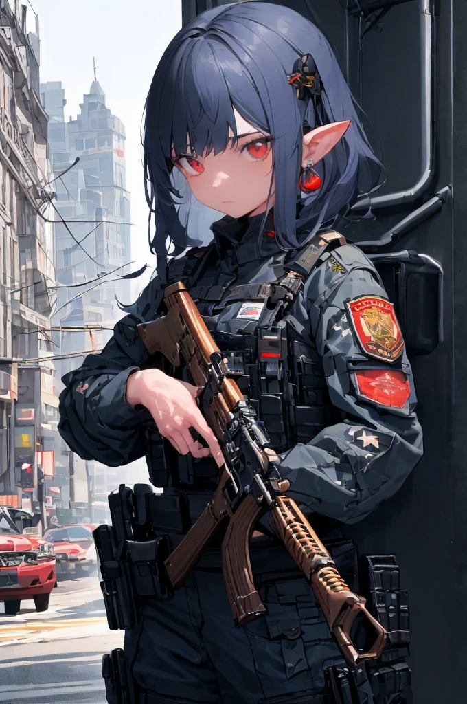 Create a high-quality image featuring an elf girl with dark navy-blue hair and straight-cut bangs. She is a member of a special forces police unit. She has a large red earring on her right ear and is holding an assault rifle. The background should feature a city inside a dome, with a black armored vehicle beside her. 