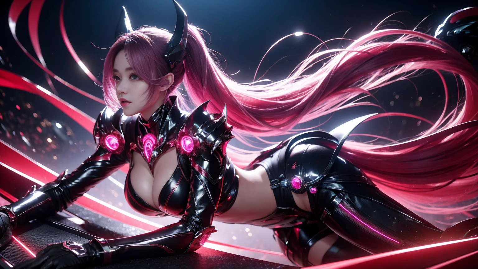 The image presents a captivating and alluring female character in a futuristic, sci-fi setting. She has long, flowing lavender hair styled in seductive twin ponytails, which adds to her enticing look. Her high-tech armor is sleek and form-fitting, crafted from glossy black and metallic materials, and adorned with vibrant pink and red glowing elements. The armor is designed to emphasize her curves, particularly showcasing her cleavage with an open design that draws attention.
Her legs are also highlighted by the armor, which reveals parts of her thighs, adding to her provocative appearance. The intricate designs and glowing accents enhance her seductive and powerful presence. The background suggests a high-tech environment, possibly a futuristic city or space station, with cool, ambient lighting and metallic structures that complement her striking and provocative allure. Her expression is confident and inviting, enhancing her enigmatic and sensual appeal.