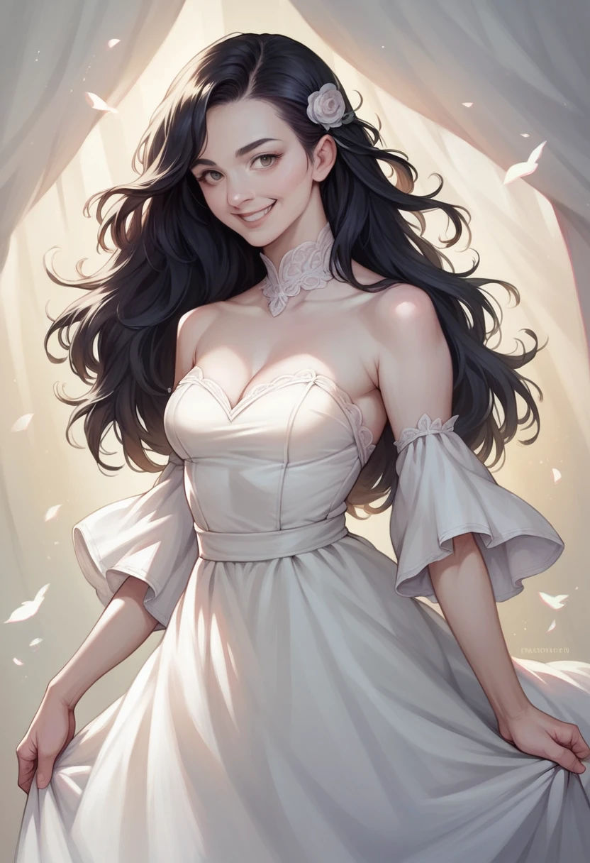 Anime Woman, black hair, photorealistic, high detail, in a white dress, smiling, White skin
