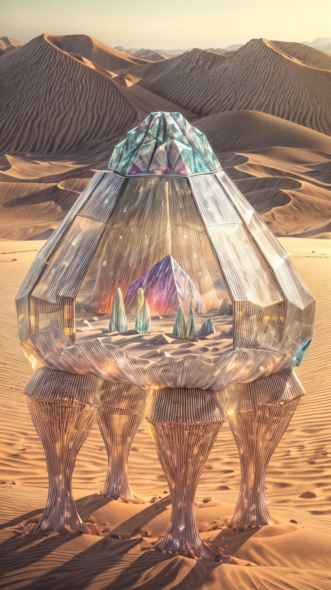 a gigantic transparent crystal creature on four legs, walking through a desert, mystic and simple design, no face, no nose, no mouth, no eyes, dynamic point of view, rising sand effects, (best quality,4k,8k,highres,masterpiece:1.2),ultra-detailed,(realistic,photorealistic,photo-realistic:1.37),detailed desert landscape, warm lighting, vibrant colors