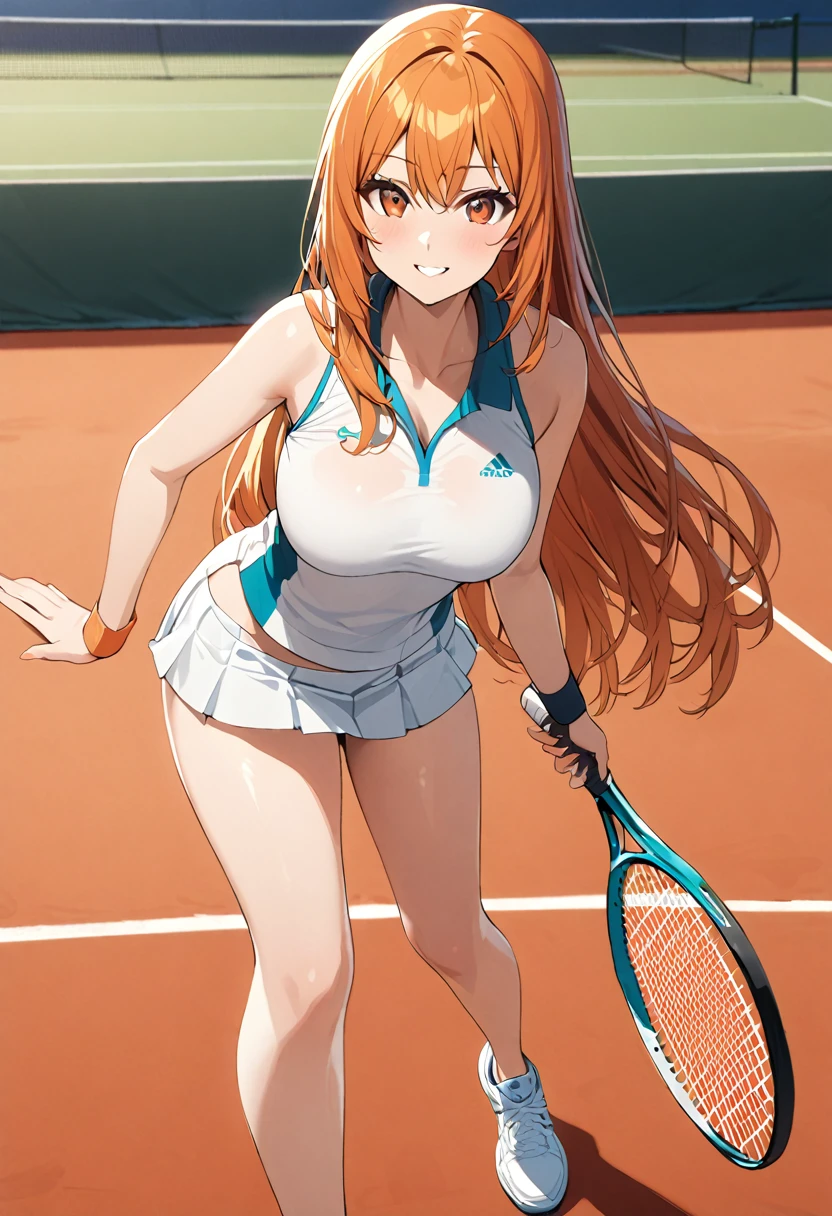 1 girl, (solo:1.2), tall girl, long orange hair, straight hair ,orange eyes, (high school student), (17 years old), (Full Breasts), High Height,masterpiece, high resolution, shiny, full body, beautiful,A cute smile that makes the viewer happy, highly detailed beautiful face and eyes, (tennis player), (tennis uniform:1.2), in the tenniscort, (zettai ryouiki), (Forehand Stroke:1.2), (racket, tennis racket, masterpiece), 