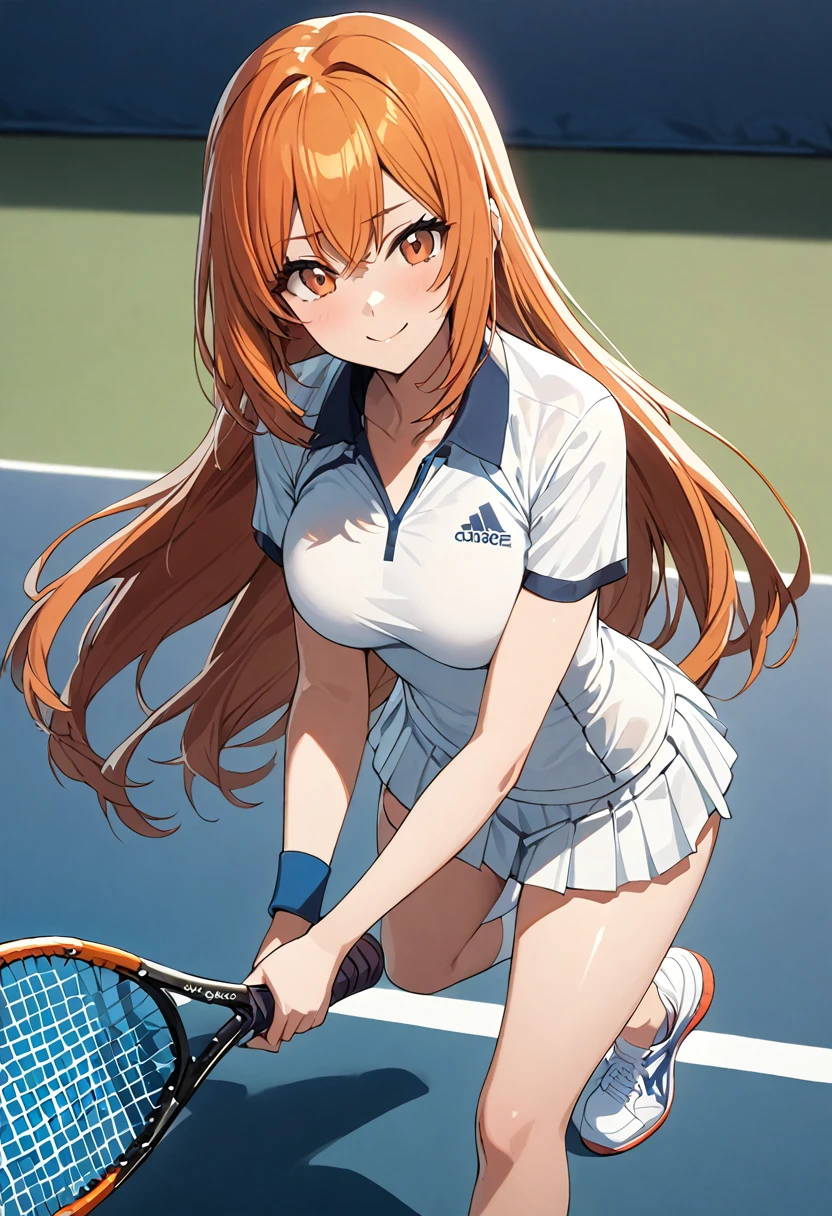 1 girl, (solo:1.2), tall girl, long orange hair, straight hair ,orange eyes, (high school student), (17 years old), (Full Breasts), High Height,masterpiece, high resolution, shiny, full body, beautiful,A cute smile that makes the viewer happy, highly detailed beautiful face and eyes, (tennis player), (tennis uniform:1.2), in the tenniscort, (zettai ryouiki), (Forehand Stroke:1.2), (racket, tennis racket, masterpiece), 