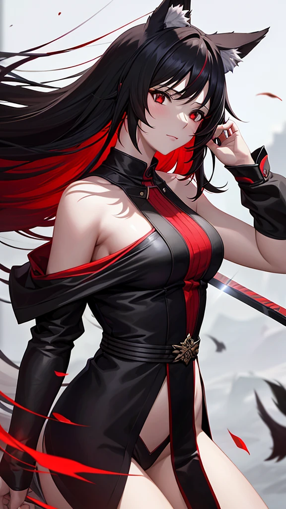 An adult woman, half wolf, black and red ears, ears down, red eyes, black and red hair, wide breasts, white dress, holding a sword