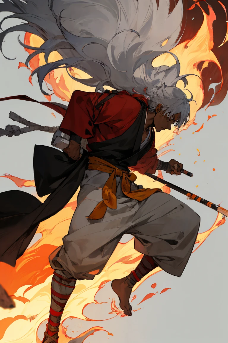1 man,OnePiece anime style character art by eiichiro oda. lunarian he has the most notable features from them being they grey silver hair, dark skin, plume of fire in the middle of his back. He sports baggy tribal tucked into his black medical metal leg guards stopping just under the knee’s with his hands wrapped in bandages. He has flame like hair flowing towards the back