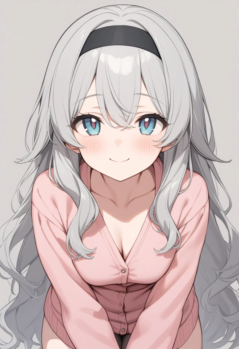 Simple Background,masterpiece,Highest quality,female,smile,Wavy long hair,Gray Hair,Cute eyes,水色のCute eyes,Pink Cardigan、Black headband、