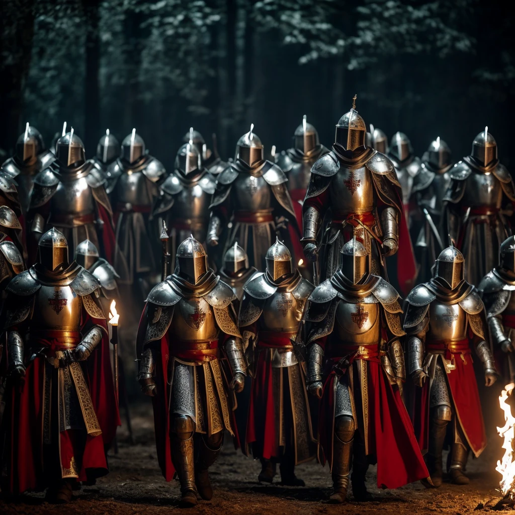 10 Templar Knights with steel armor and a logo on the chest in the shape of a white and red cross located in the forest at night servants of Jesus, 2 carrying flags announcing the arrival of the Lord the remaining 8 carrying torches lighting in the darkness the commander does not have a helmet his hair is brown and his eyes are 1 yellow and the other white
