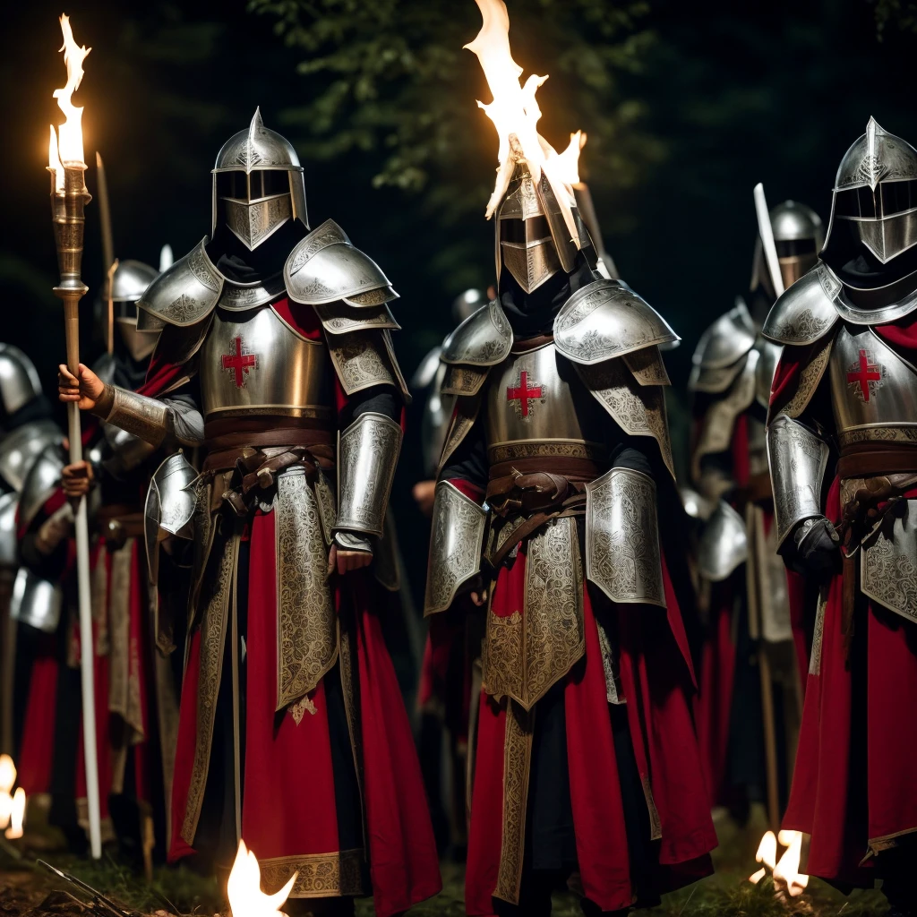 10 Templar Knights with steel armor and a logo on the chest in the shape of a white and red cross located in the forest at night servants of Jesus, 2 carrying flags announcing the arrival of the Lord the remaining 8 carrying torches lighting in the darkness the commander does not have a helmet his hair is brown and his eyes are 1 yellow and the other white