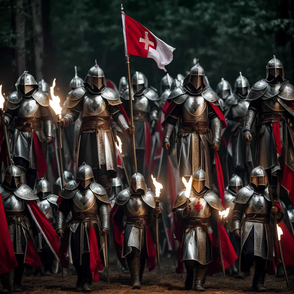 10 Templar Knights with steel armor and a logo on the chest in the shape of a white and red cross located in the forest at night servants of Jesus, 2 carrying flags announcing the arrival of the Lord the remaining 8 carrying torches lighting in the darkness the commander does not have a helmet his hair is brown and his eyes are 1 yellow and the other white