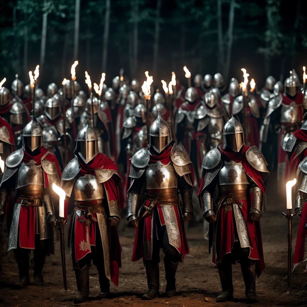 10 Templar Knights with steel armor and a logo on the chest in the shape of a white and red cross located in the forest at night servants of Jesus, 2 carrying flags announcing the arrival of the Lord the remaining 8 carrying torches lighting in the darkness the commander does not have a helmet his hair is brown and his eyes are 1 yellow and the other white