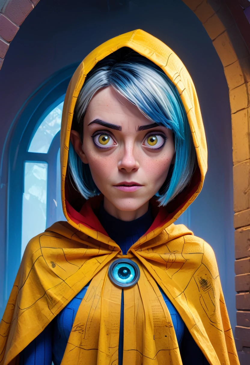 (Masterpiece artwork, 8K, uhd, high resolution: 1.4), dynamic portrait of Coraline in Spider-Verse style, (stylized and vibrant features: 1.3), (short blue hair and big expressive eyes: 1.2), (wearing an iconic yellow cape: 1.2), (adventurous and confident pose: 1.3), (comic animation elements, with hand-drawn textures and shadows: 1.2), (background with surreal and colorful scenes, like the portal and the alternative world: 1.1), (Magical and mysterious atmosphere: 1.3), Intricate, vibrant details, (fantasy and adventure elements: 1.2), (dynamic and captivating perspective: 1.3)