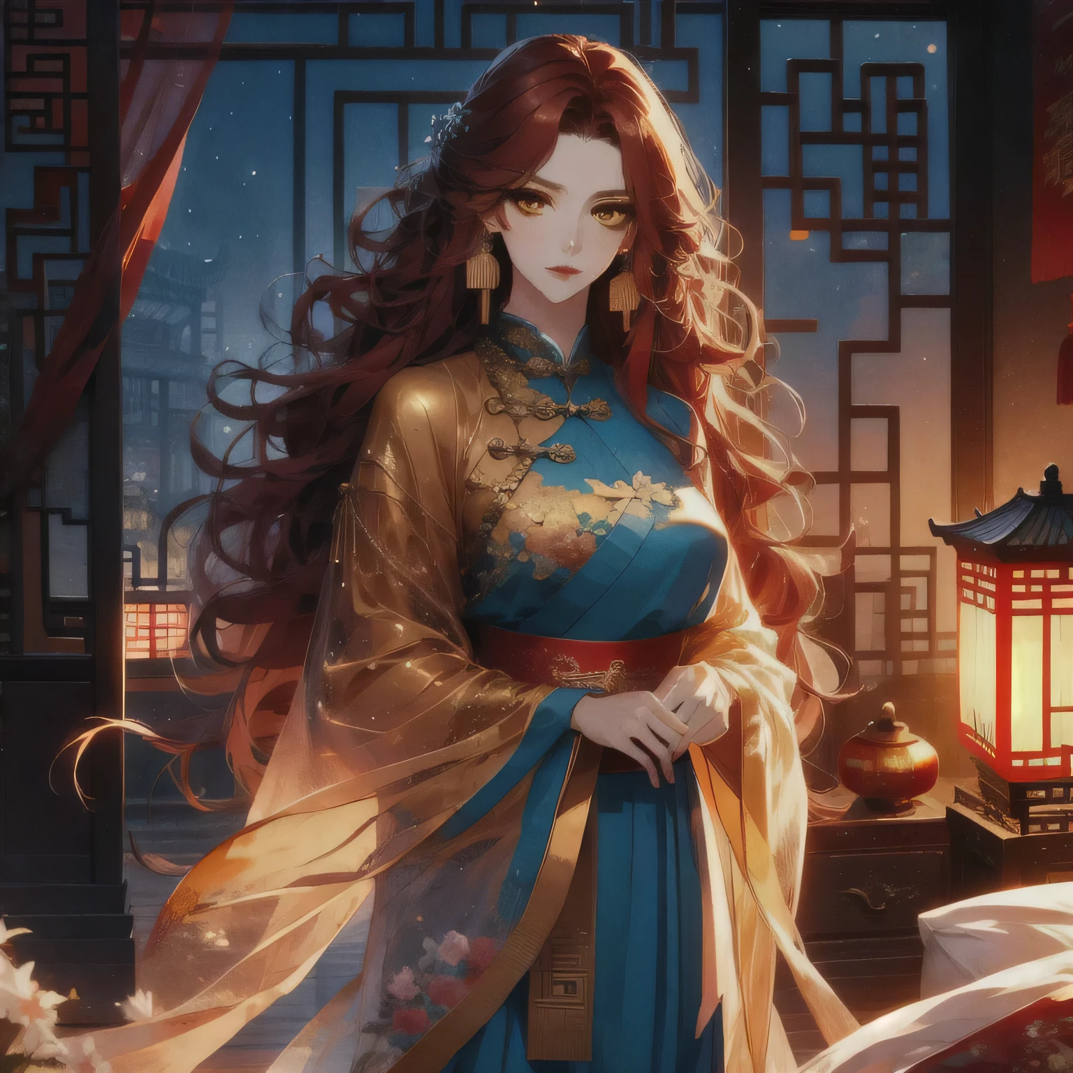 (masterpiece, best quality:1.2), 1women, xian mei, solo, chinese clothes, ultra long skirt, golden eyes, long red curly hair, jewellery, perfect anatomy, chinese traditional room