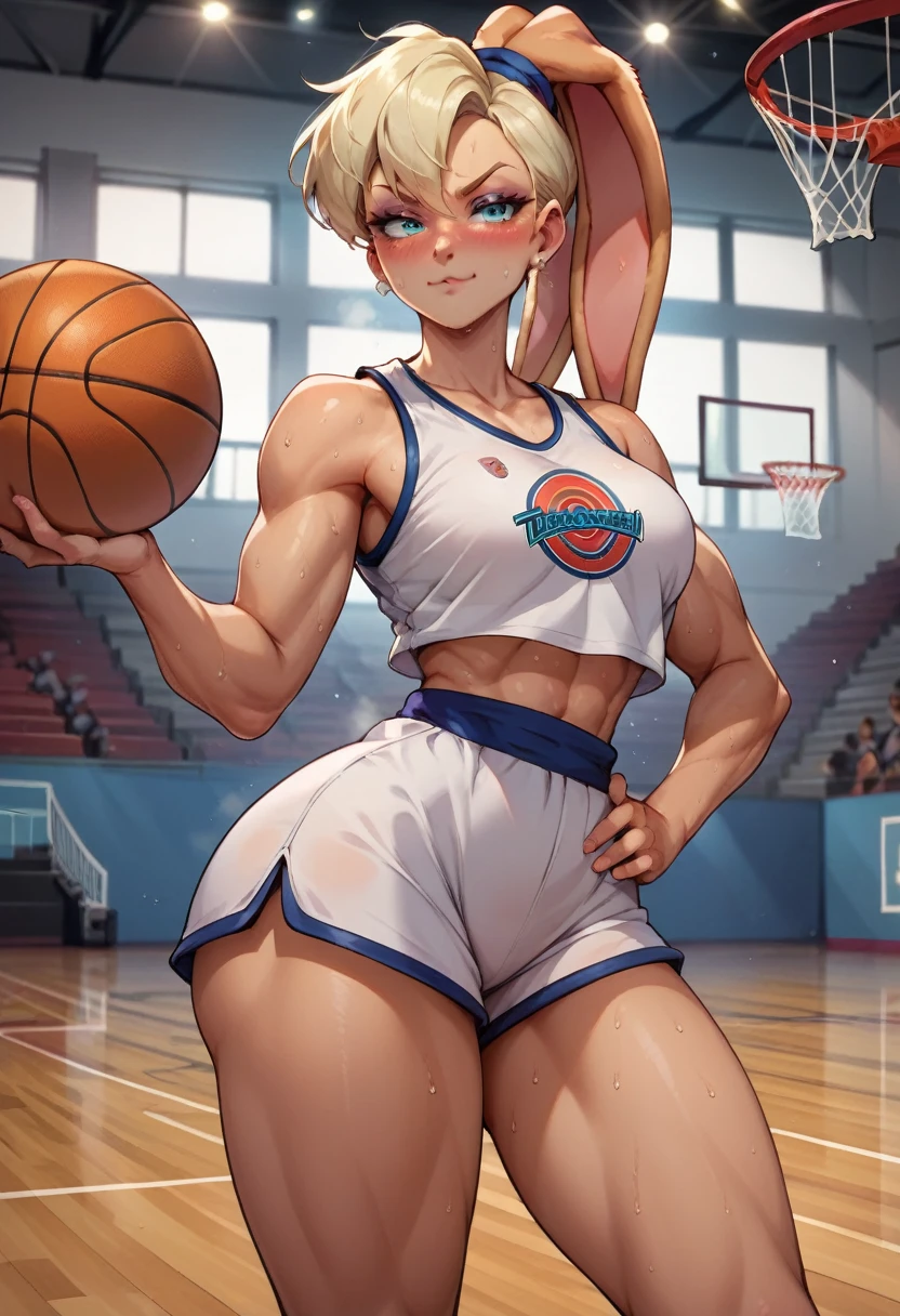 on a basketball court, one hand on hip, seductive smirk, medium breasts, wide hips, big ass, Lola Bunny,standing, blushing,sweating, muscular arms, holding basketball